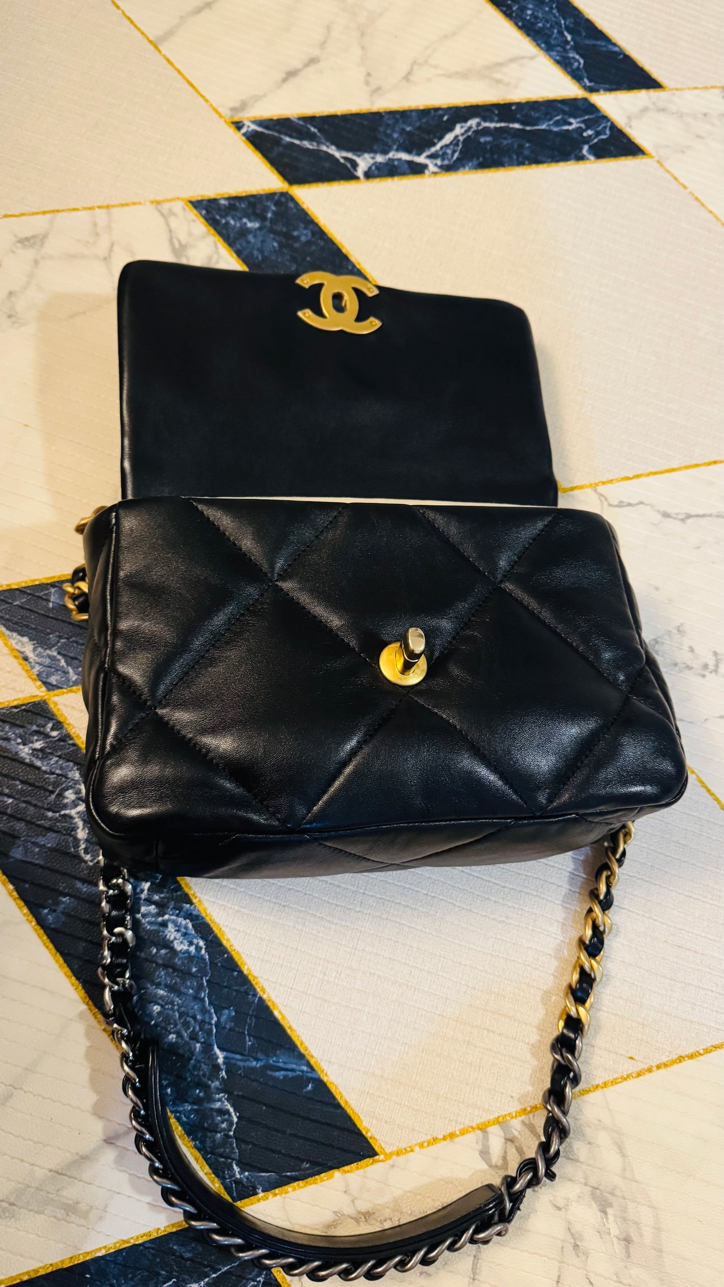 CHANEL 19 FLAG BAG | SMALL BLACK LAMBSKIN GHW