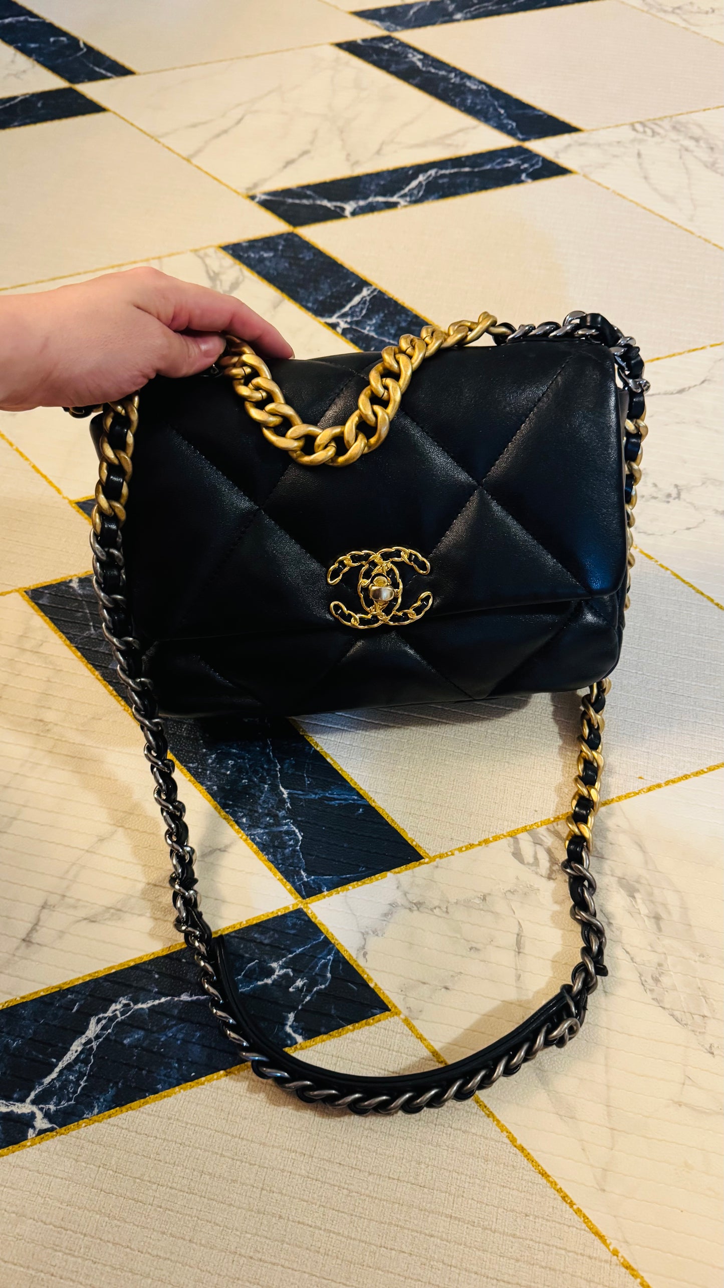 CHANEL 19 FLAG BAG | SMALL BLACK LAMBSKIN GHW