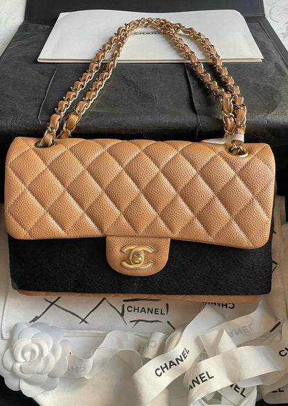 CHANEL 18S CLASSIC FLAP BAG / SMALL DARK BEIGE CAVIAR LGHW