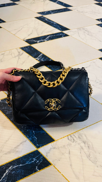 CHANEL 19 FLAG BAG | SMALL BLACK LAMBSKIN GHW