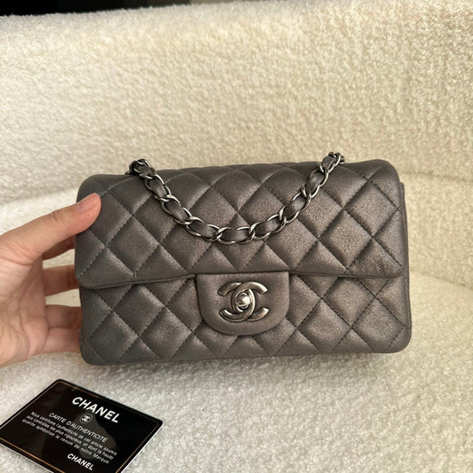 CHANEL MINI RECTANGLE FLAP | METALLIC GREY AGHW GOATSKIN