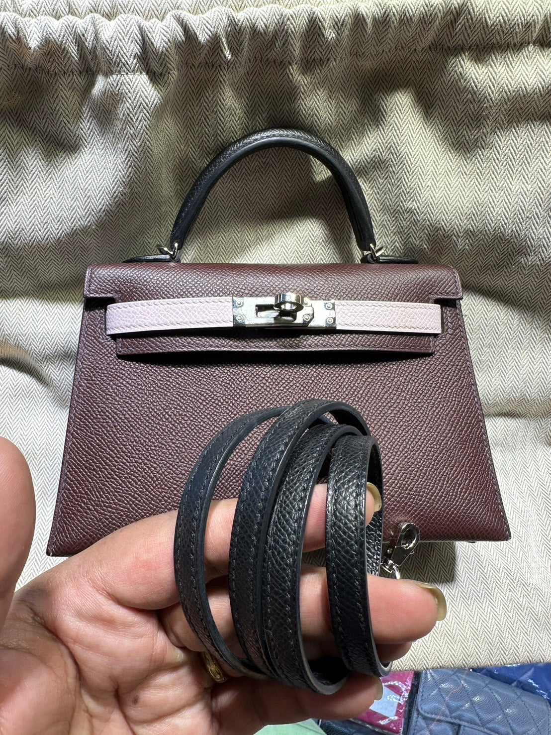 HERMES MINI KELLY II | EPSOM MAUVE PALE BLACK ROUGE H