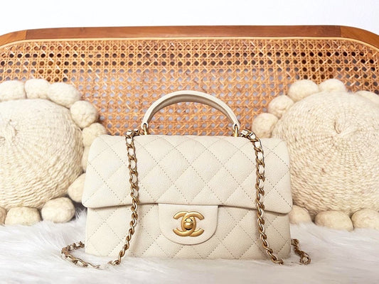 CHANEL CLASSIC BAG / 20CM CAVIAR BEIGE TOP HANDLE AGHW