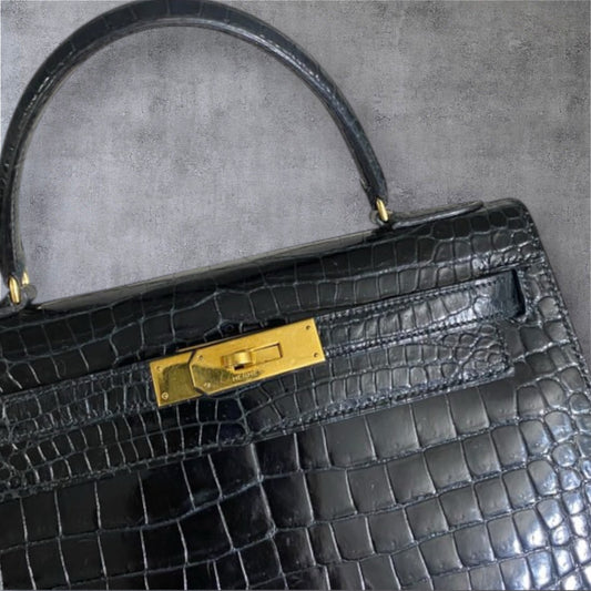 HERMES KELLY 28 | BLACK GHW POROSUS CROC