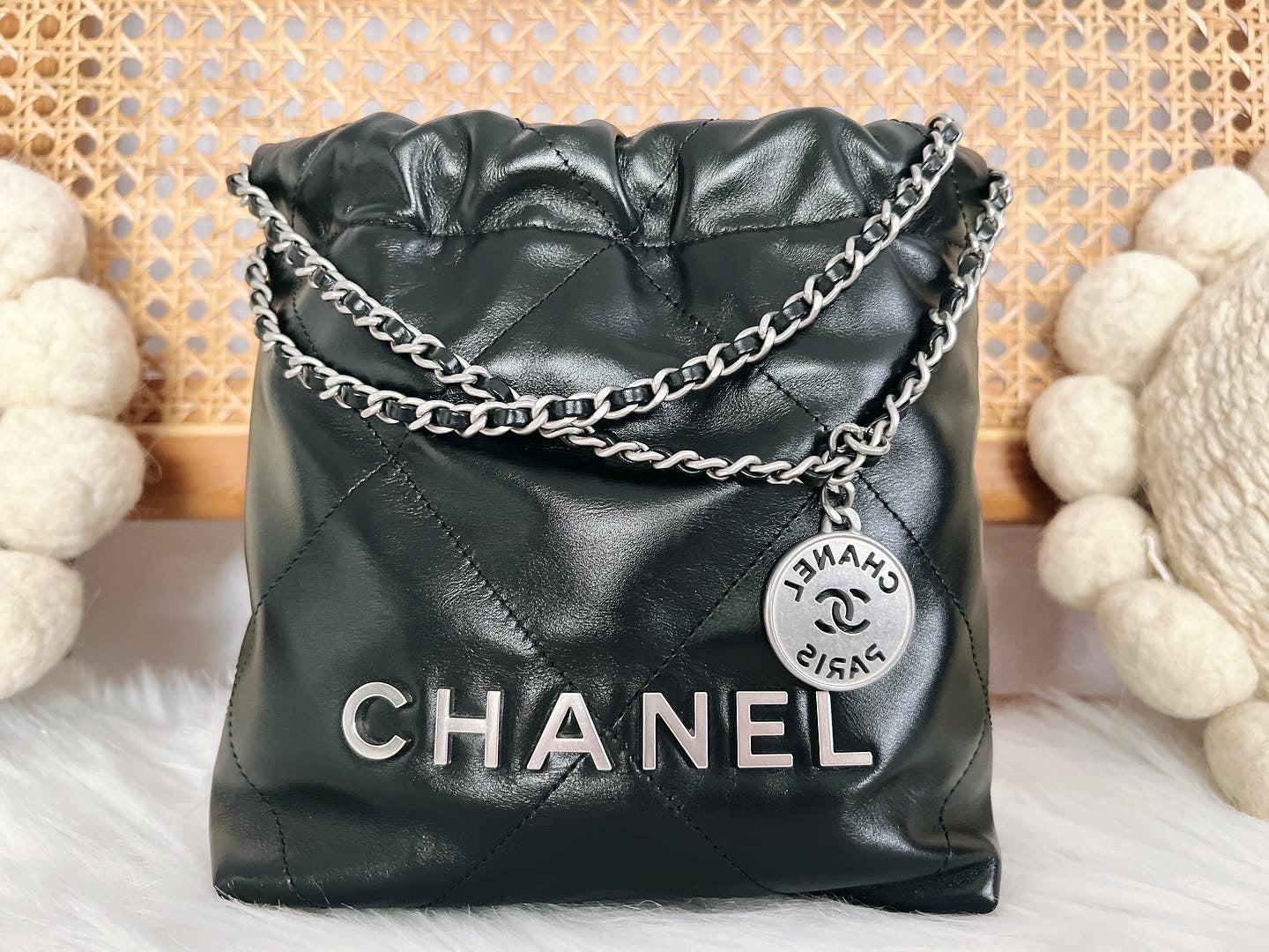 CHANEL MINI 22 BAG / MINI LAMBSKIN BRUSHED SHW