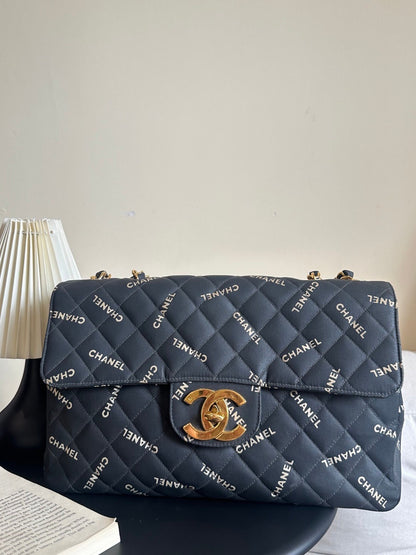 CHANEL MAXI FLAP | 95P LOGOMANIA PRINT BLACK SATIN 24K GHW