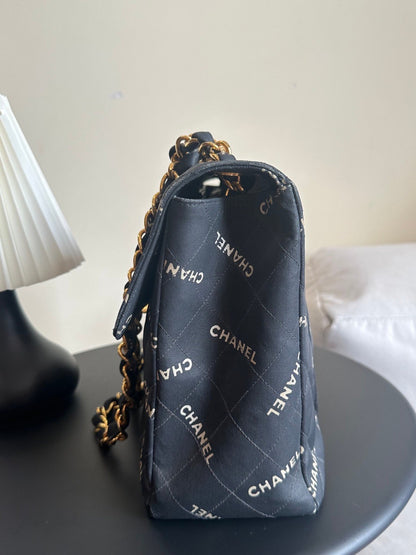 CHANEL MAXI FLAP | 95P LOGOMANIA PRINT BLACK SATIN 24K GHW