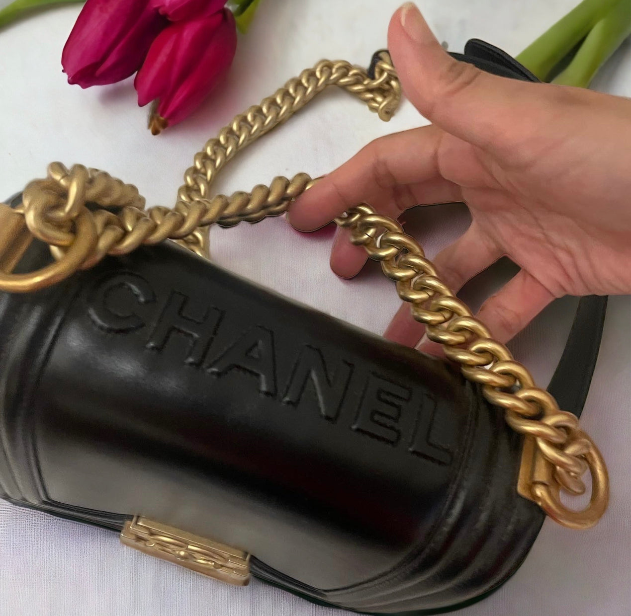 CHANEL BOY FLAP | SMALL BLACK CALFSKIN AGED GHW