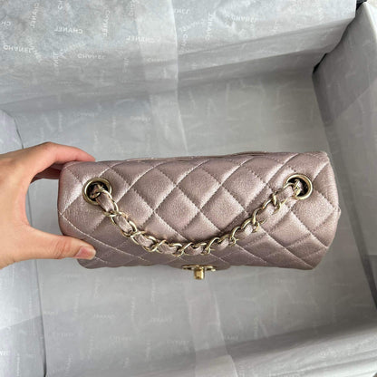 CHANEL MINI RECTANGLE FLAP | METALLIC ROSE PINK LGHW GOATSKIN