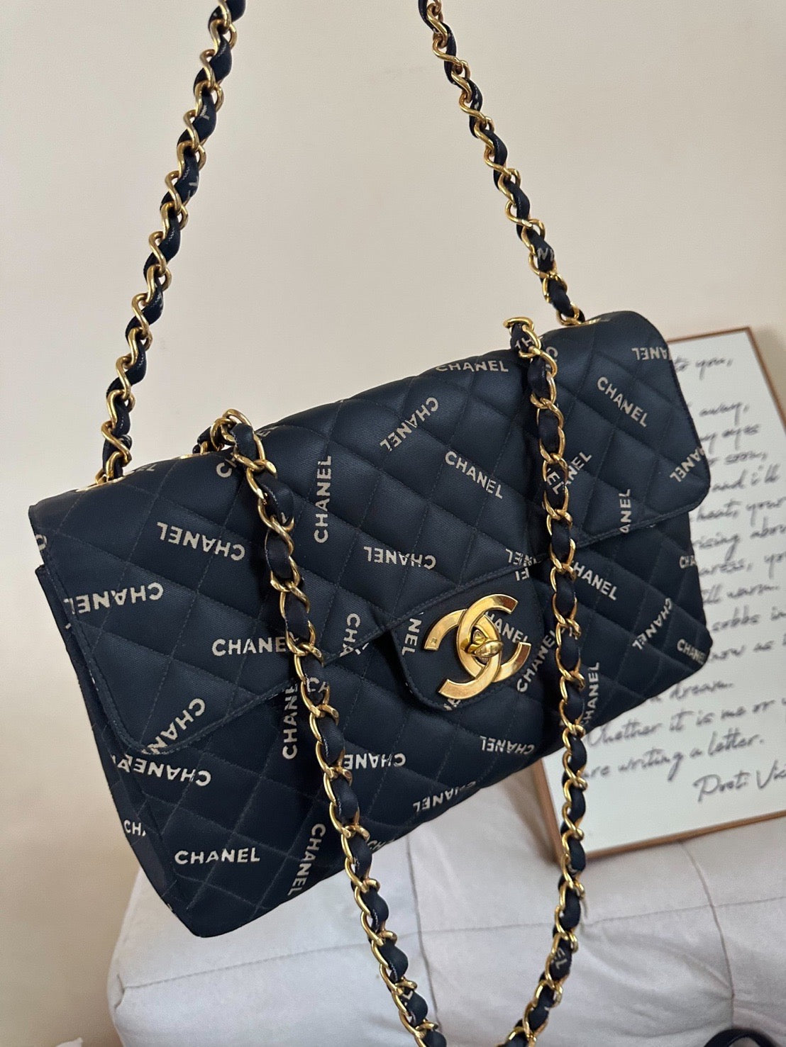 CHANEL MAXI FLAP | 95P LOGOMANIA PRINT BLACK SATIN 24K GHW