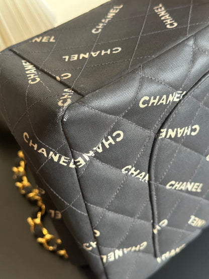 CHANEL MAXI FLAP | 95P LOGOMANIA PRINT BLACK SATIN 24K GHW