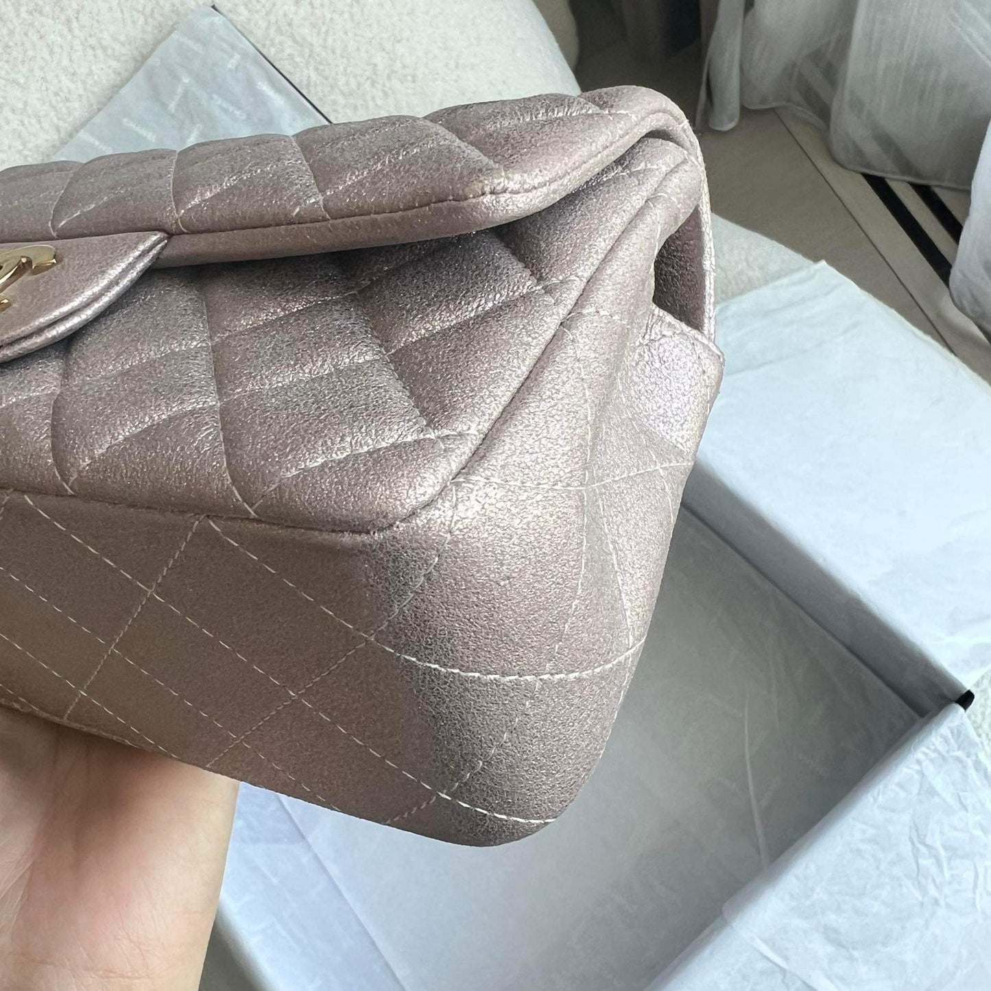 CHANEL MINI RECTANGLE FLAP | METALLIC ROSE PINK LGHW GOATSKIN