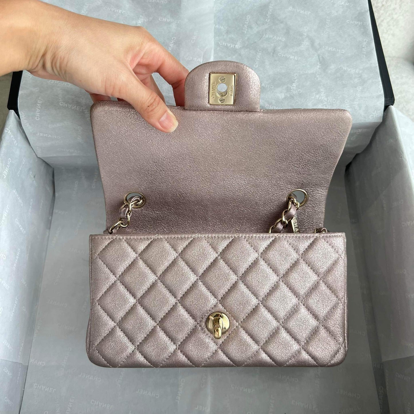 CHANEL MINI RECTANGLE FLAP | METALLIC ROSE PINK LGHW GOATSKIN