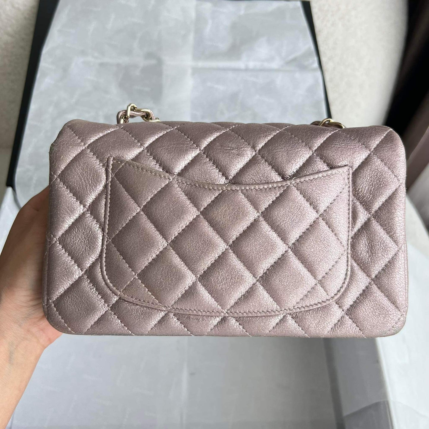 CHANEL MINI RECTANGLE FLAP | METALLIC ROSE PINK LGHW GOATSKIN