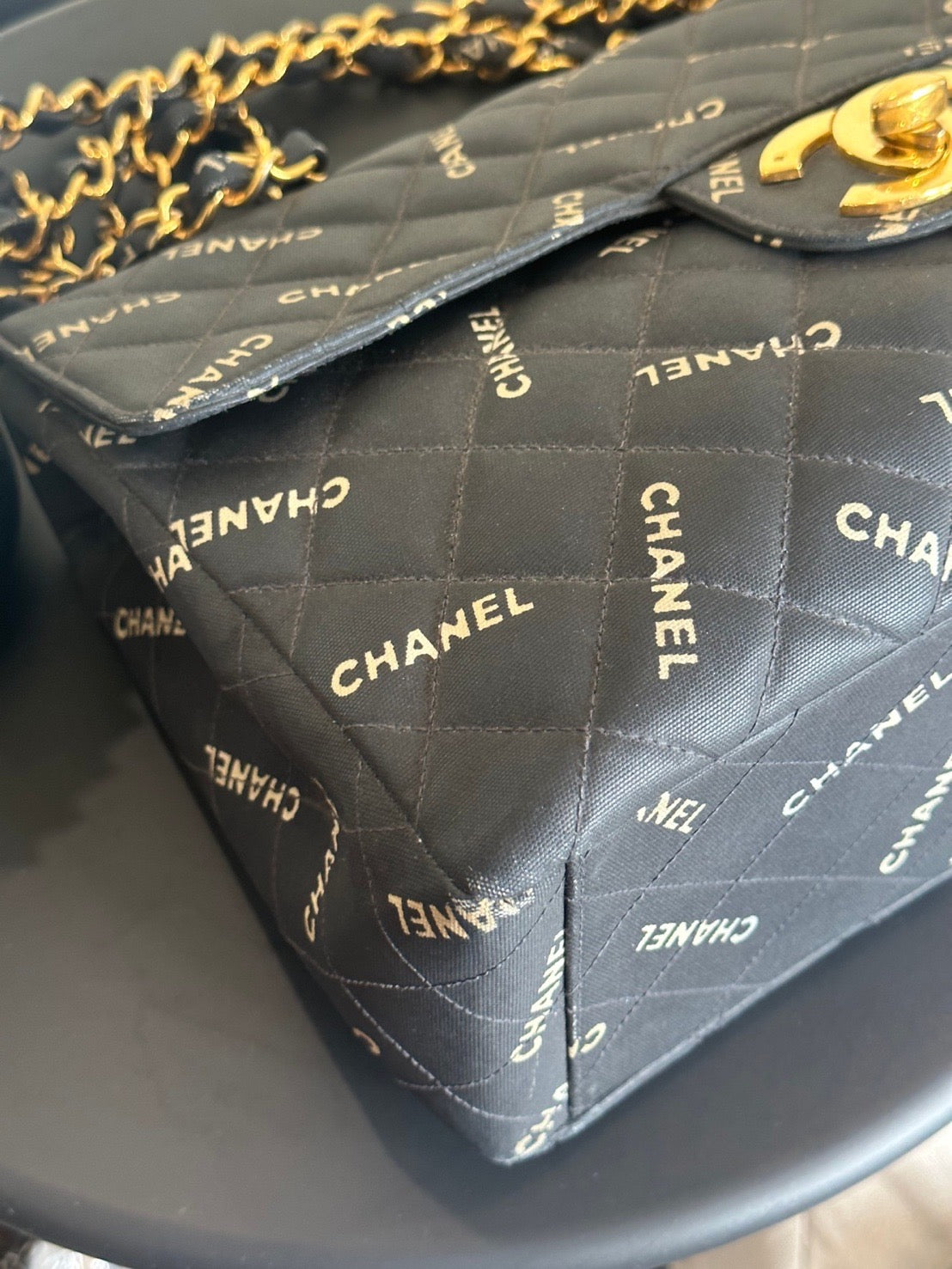 CHANEL MAXI FLAP | 95P LOGOMANIA PRINT BLACK SATIN 24K GHW