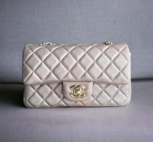 CHANEL MINI RECTANGLE FLAP | METALLIC ROSE PINK LGHW GOATSKIN